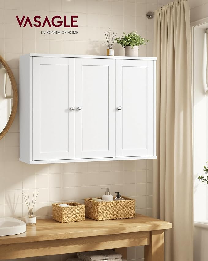 VASAGLE Siren Collection - Bathroom Wall Cabinet, Hanging Bathroom Storage Cabinet, for Medicines, Farmhouse, 4 Adjustable Shelves, 7.9 x 31.5 x 23.6 Inches, Cloud White UBBK350WB01S