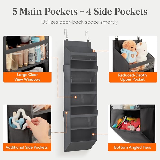 Lifewit 1 Pack Over the Door Organizer, 5 Section Clear Window Hanging Storage with 4 Side Pockets, Sturdy Anti Tilt 40 lbs Load Behind Door for Closet, Bedroom, Bathroom, Nursery, Dorm, Dark Gray