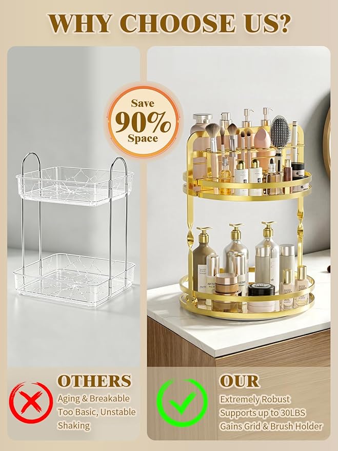 360° Rotating Makeup Organizer, 2-Tier Gold Perfume Organizer for Dresser, Bathroom Organizer Countertop, Lazy Susan Spinning Perfume Stand Vanity Skincare Storage with Makeup Brush Holder