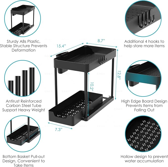 2 Pack Under Sink Organizer with Sliding Basket - 2 Tier Metal Cabinet Storage Shelf for Bathroom, Kitchen Sink - Adjustable Shelves, Space Saver,Black
