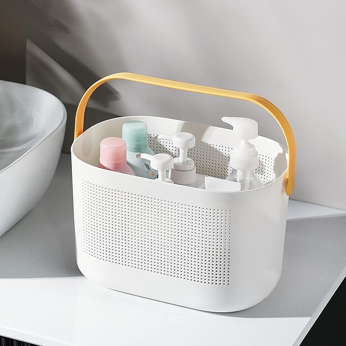 UUJOLY Plastic Storage Baskets with Handles, Shower Caddy Shelf Organizers Basket for Bathroom, Kitchen, Dorm Room, Yellow, 2 Pack
