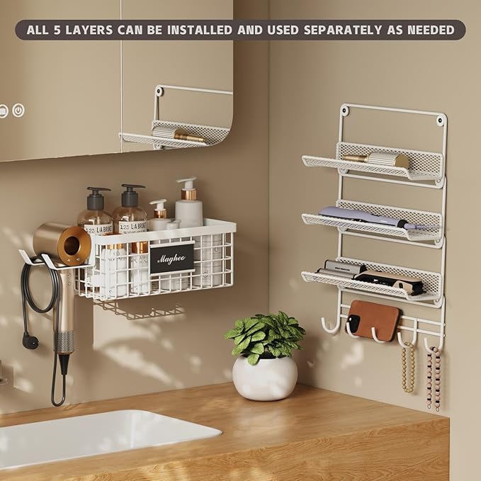 Magheo Hair Dryer Holder Wall Mounted, Adheisve Hair Styling Tool Organizer for hair Brush/Appliance Wall Mount with 5 Tier Shelf Basket Hooks Blow Dryer and Straightener Holder for Bathroom(White)