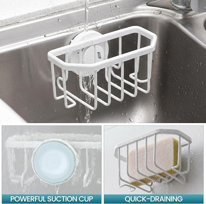 Sponge Holder for Kitchen Sink with Strong Suction Cup, White
