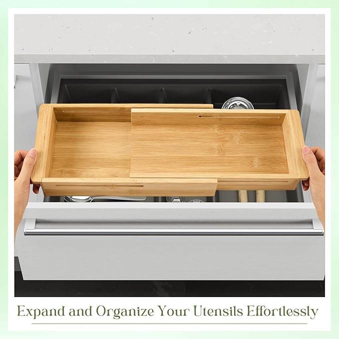 LemonRoad 1 Pcs Sliding Drawer Organizer Bin Bamboo Drawer Expandable Bins Utensil Organizer for Kitchen Spoons Forks Knives (Wood)