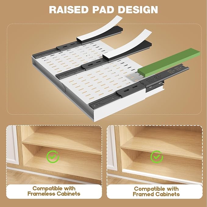 Seinloes Pull Out Cabinet Organizer, 4-Side Expandable to Fit Most Cabinets, 3 Rail Slide Out Drawers with Raising Pad for Framed & Frameless Cabinets, 13"-21" W x 13"-17" D, White, 2 Pack