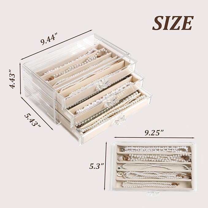 CLUQMEIK Necklace Organizer Box with Clear Lid, Dustproof Velvet Jewelry Holder Storage Display Case, Stackable Acrylic Necklace Tray Drawer Insert for Women and Girls (Beige,3 Drawers)