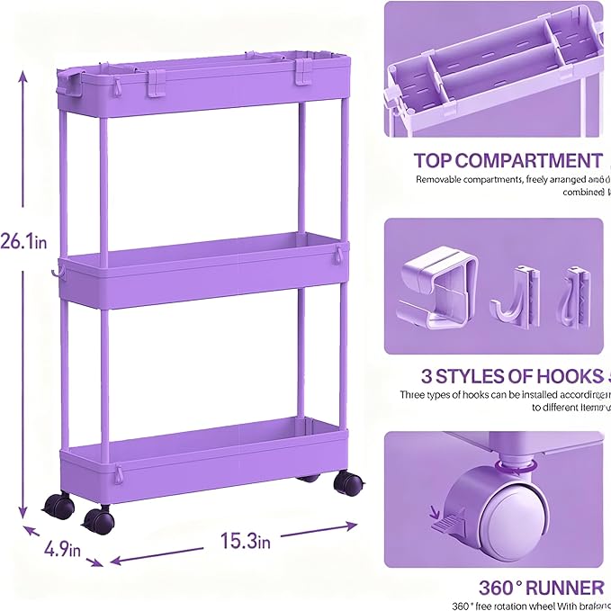 SPACELEAD 2-piece Set Slim Storage Cart 3 Tier,Bathroom Organizer Rolling Utility,Mobile Shelving Unit Slide Out for Office, Kitchen, Laundry Room & Narrow Places
