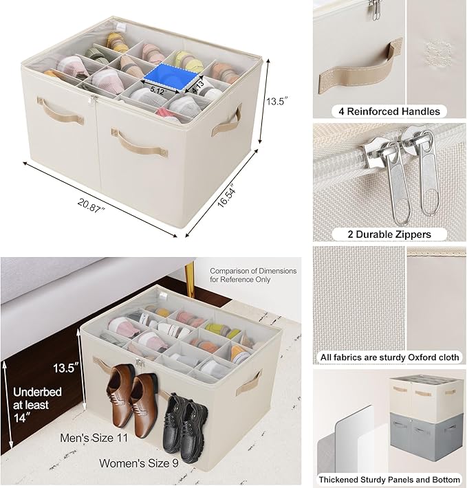 TOPIA HOME Shoe Organizer for Closet 2 Pack, Foldable Shoe Box with Adjustable Dividers and Clear Cover, Space Saving Shoe Storage Organizer Cabinet with Reinforced Handles, Fits 32 Pairs Beige TP12Y