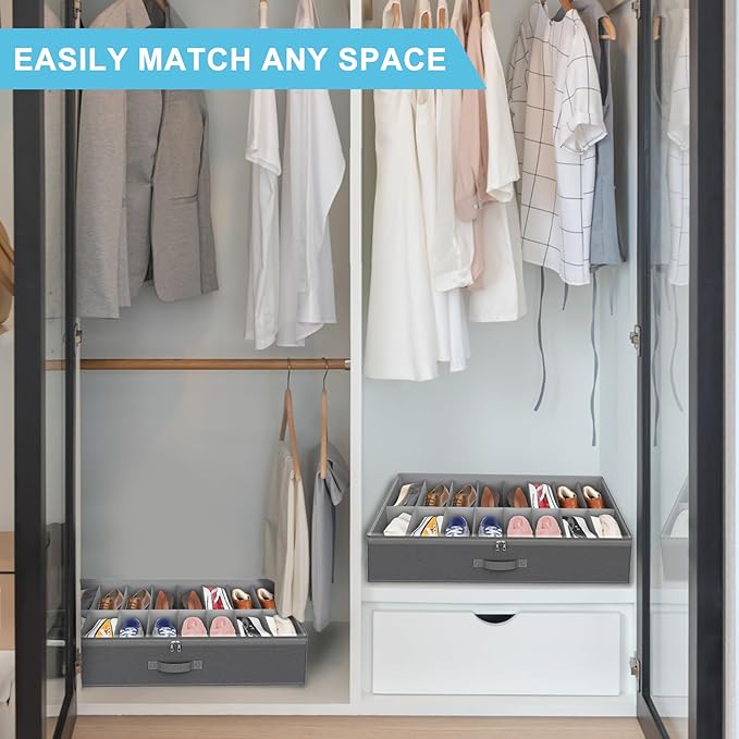 Under Bed Shoe Storage Organizer for Closet, 32 Pairs Sturdy Underbed Shoe Storage Boxes Bins Container Foldable Shoes Storage with Handles & Clear Window for College Dorms Light Grey, Set of 2
