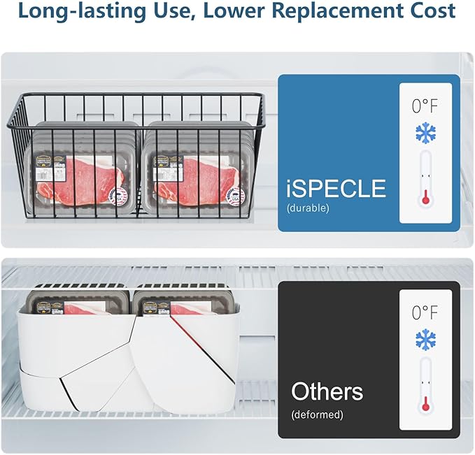 iSPECLE Freezer Organizer Bins - 6 Pack Stand Up Freezer Organizers for 16 Cu.Ft Upright Freezer, Storage Baskets for Meat & Veggies, Prevents Items Falling, Slide-Out Access, 3 Large 3 Medium, White