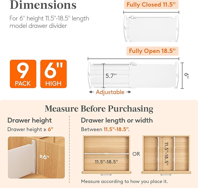 6" Tall 9 Pack Drawer Dividers