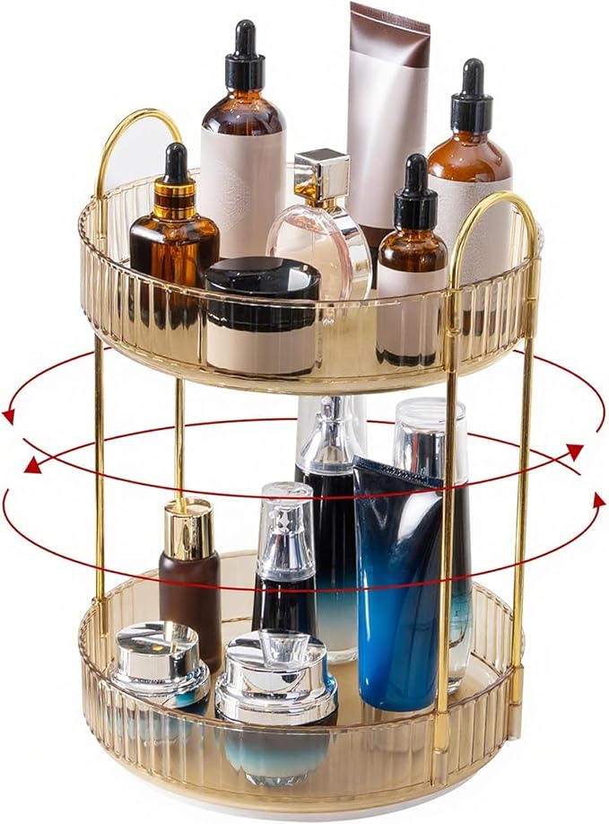 360 Rotating Makeup Organizer, Yellow, Unisex, 2 Tier Countertop Storage