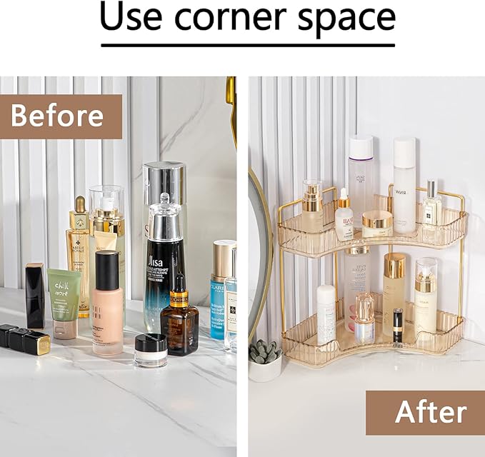 shuang qing 2-Tier Corner Bathroom Counter Organizer – Classic Storage Shelf for Makeup, Perfume & Toiletries, Space-Saving Countertop Tray Fits Bathroom, Dresser, Kitchen (Vintage Gold)