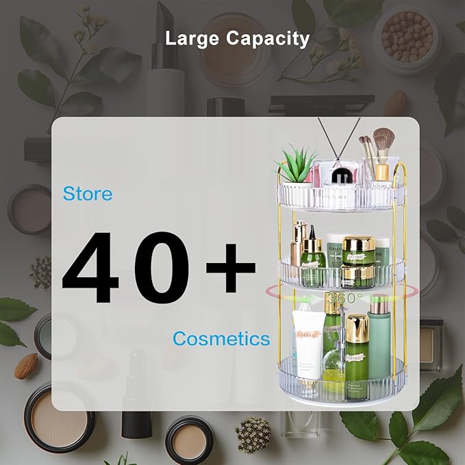 360 Rotating Makeup Organizer, 3 Tier Large Capacity Lazy Susan Bathroom Counter Organizer, Skincare Organizers, Spinning Perfume Organizer & Vanity Organizer Countertop (Golden Clear, 3 Tier)