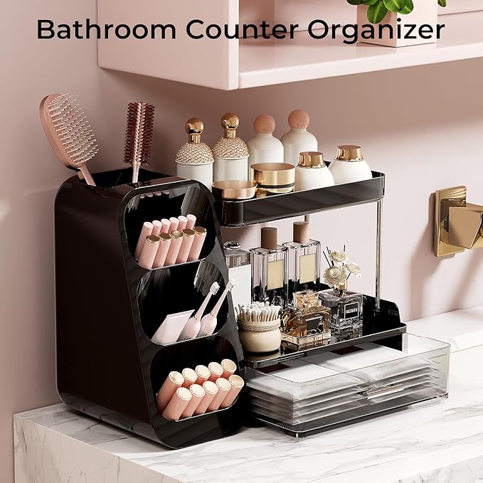 UFORU Makeup Organizer for Vanity with Brush Holder, 2 Tiers Countertop Skincare, Cologne Organizer and Perfume Stand for Men Bathroom Vanity, Large Capacity Makeup Storage, Black