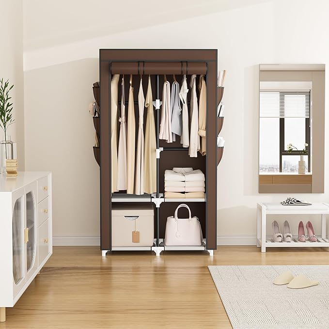 Portable Closet Wardrobe for Hanging Clothes with 4 Storage Shelves, Brown