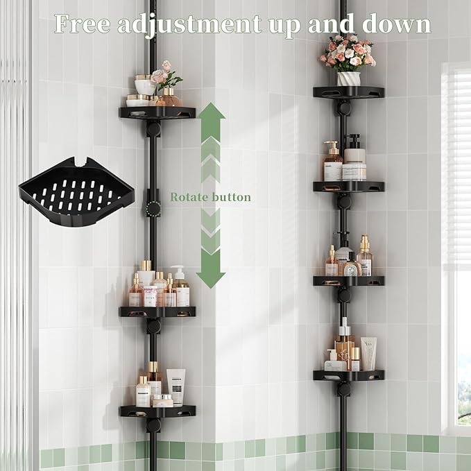 akinbas Tension Pole Shower Caddy Organizer with 4 Tier L-Shaped Rust Resistant Bathroom Corner Shelves with 34-124 Inch Adjustable No Drilling Quick Install Shower Rack for Bath Essentials (Black)