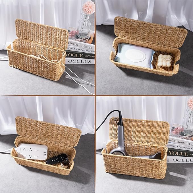 Cable Management Box, Handmade Rattan Cable Organizer with 2 Open Slots, Natural