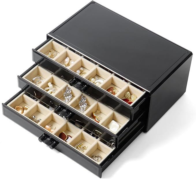 YUFONG Earring Organizer Box Acrylic Jewelry Organizer with 3 Drawers 54 Adjustable Grids Clear Stackable Earring Holder Velvet Trays Ring Display Case for Women Girls (Black Beige)