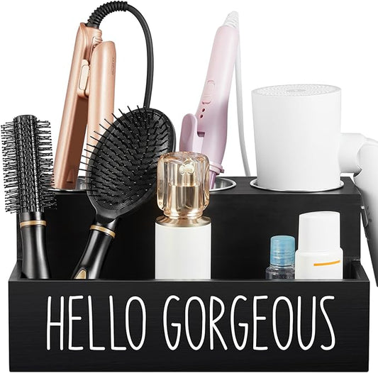 Hair Tool Organizer, Wooden Hair Dryer Holder Countertop, Black