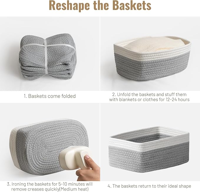 5 Pack Decorative Small Storage Baskets for Shelves, Cotton Rope Woven Basket for Organizing Bathroom, Nursery, Closet, Cabinet, Toys & Socks, Gift Baskets Empty, 11.8"x7.9"x4.7", Gray/White