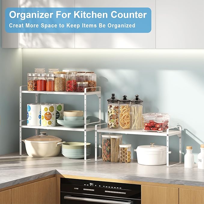 15.5 to 25.5 Inch Kitchen Cabinet Shelf Organizers, Adjustable Kitchen Counter Shelf Organizer, Set of 3 Expandable Countertop Storage Shelves, Stackable Design, 30LBS Heavy Duty, Space Saver