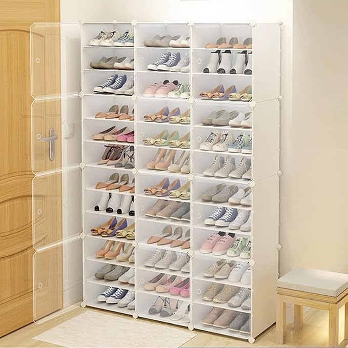 12-Tier 3-Line Dustproof Shoe Boxes 72 Pairs Clear Shoe Rack Organizer Stackable Storage Cabinet Plastic Shoe Closet for DIY Home Bedroom Living Room Porch (72 Pairs)