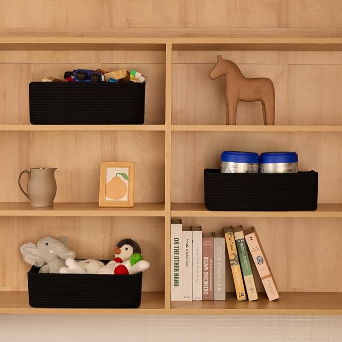 MiniArk Large Shallow Organizing Baskets 15x11x5.1 Inches - Rope Woven Storage Bins for Bathroom, Shelves, Cube Closet, Black 3 Packs