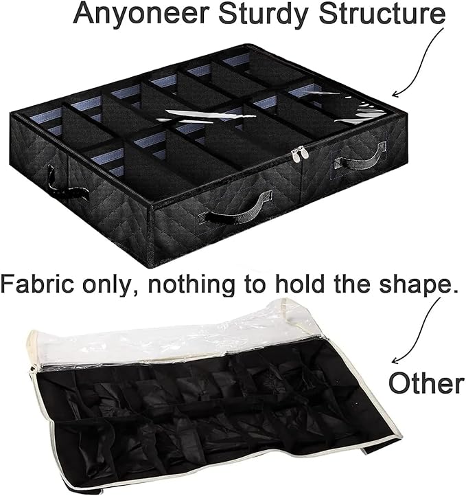 Under Bed Shoe Storage Organizer, Set of 2, Sturdy Structure, Black