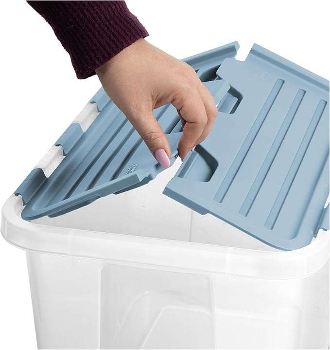 Sterilite 12 Pack Hinged Lid Storage Box, 30 Qt Plastic Container, Washed Blue - Home Organizer Tote for Storing Shoes, Crafts, Clothing, or Decor