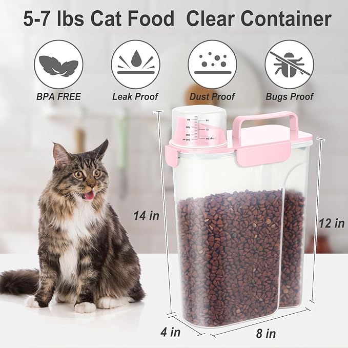 5-7LBS Upgraded Large Nozzle Cat Dog Food Storage Container BPA-free, Airtight Pet Food Storage Bin with 4 Lock Buckles, Sealing Gasket, Cup for Pet Food, Dog Treats, Rice, Flour, Dry-Pink
