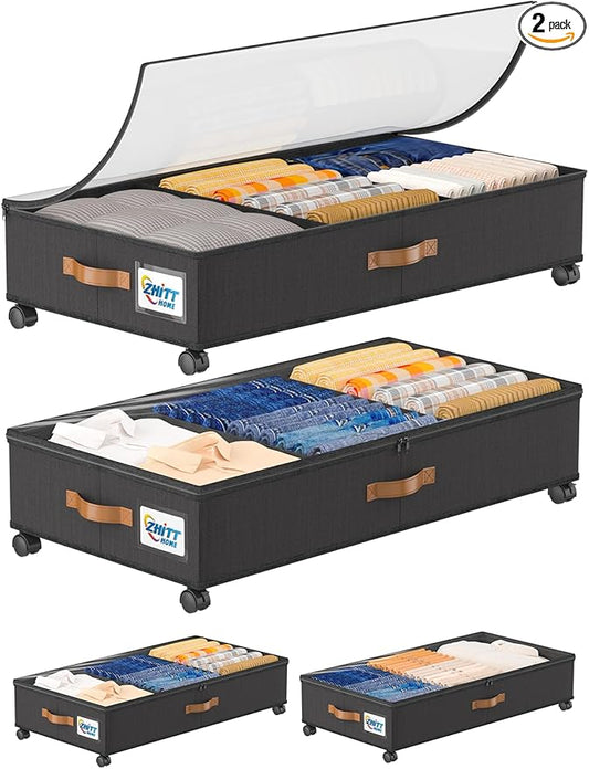 2Pack Under Bed Storage with Wheels, 58L XXL UnderBed Shoe Storage Containers