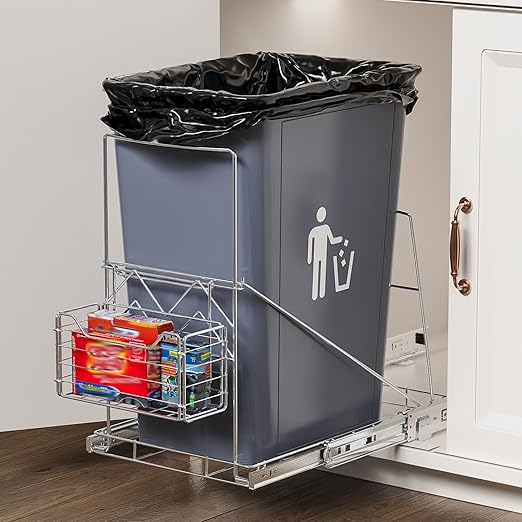 LIONONLY Pull Out Trash Can Rack Under Cabinet, Under Sink Trash Can for 7-11 Gallon Trash Bin, Under Cabinet Trash Garbage Pull Out Kit w/Garbage Bag Holder(Not Include Can)