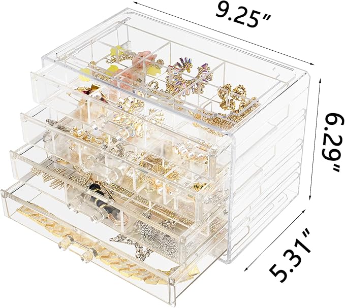 Weiai Acrylic Jewelry Box, 72 Grids Clear Jewelry Organizer with Adjustable Dividers, Large Capacity Earring Ring Gift Boxes