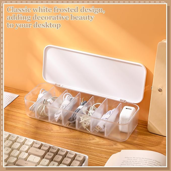 Cable Organizer Box with Lid, 3 Pcs Cable Cord Storage Organizer Box with 21 Wire Ties 54 Cable Labels, 7 Compartments Charger Organizer for Office Drawer Desk Accessories Case