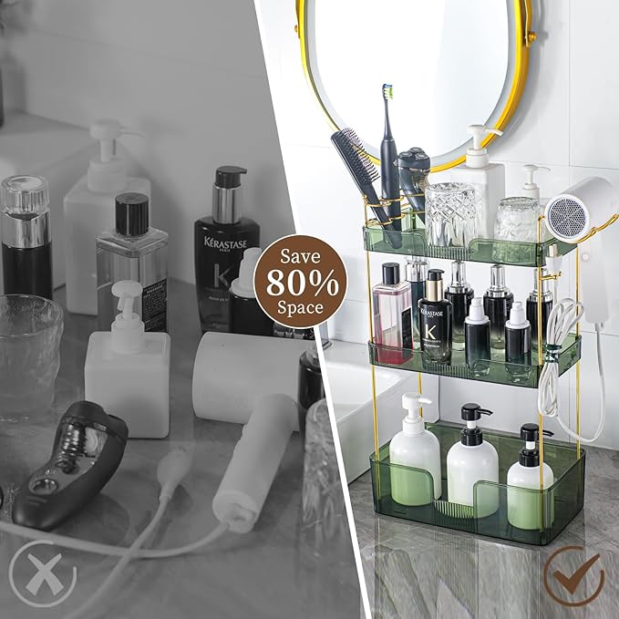Bathroom Counter Organizer, Large Makeup Organizer Countertop, 3 Tiers Green