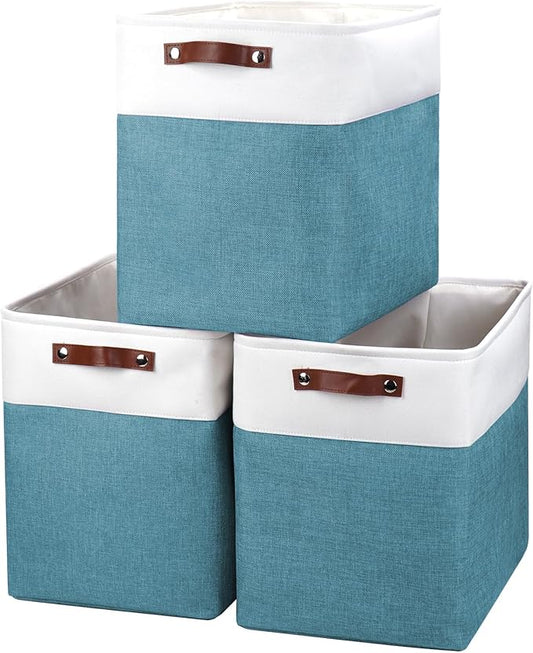 Large Fabric Storage Baskets, 50L Storage Bins, Teal&White