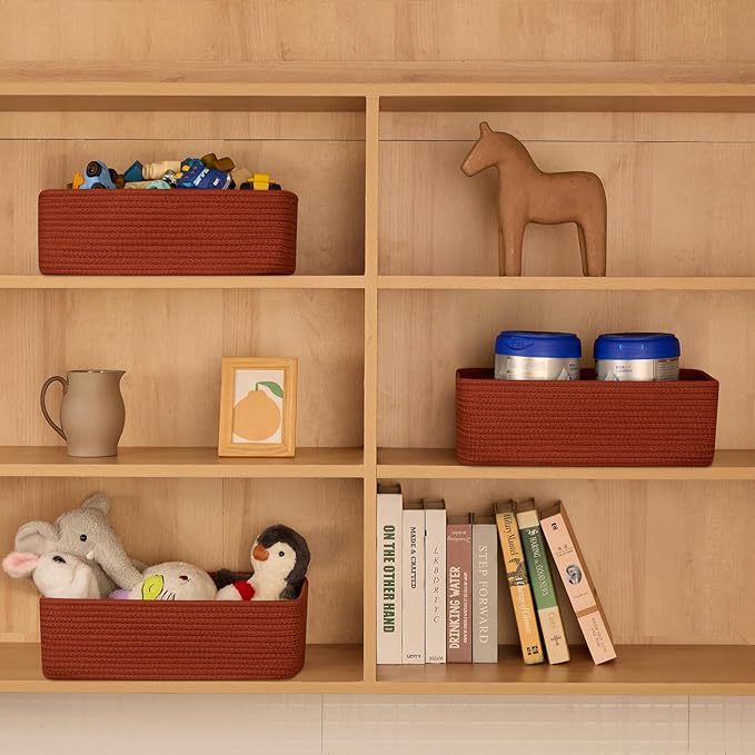 MiniArk Large Shallow Organizing Baskets 15x11x5.1 Inches - Rope Woven Storage Bins for Bathroom, Shelves, Cube Closet, Red 2 Packs