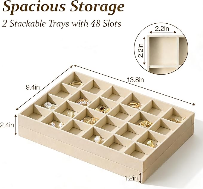 pickpiff Drawer Jewelry Organizer & Display Trays: 2pcs 24grid Velvet Stackable Jewelry Case (13.8x9.4x1.2inch) - Soft Beige Ring Storage Bracelet Holder Earring Box