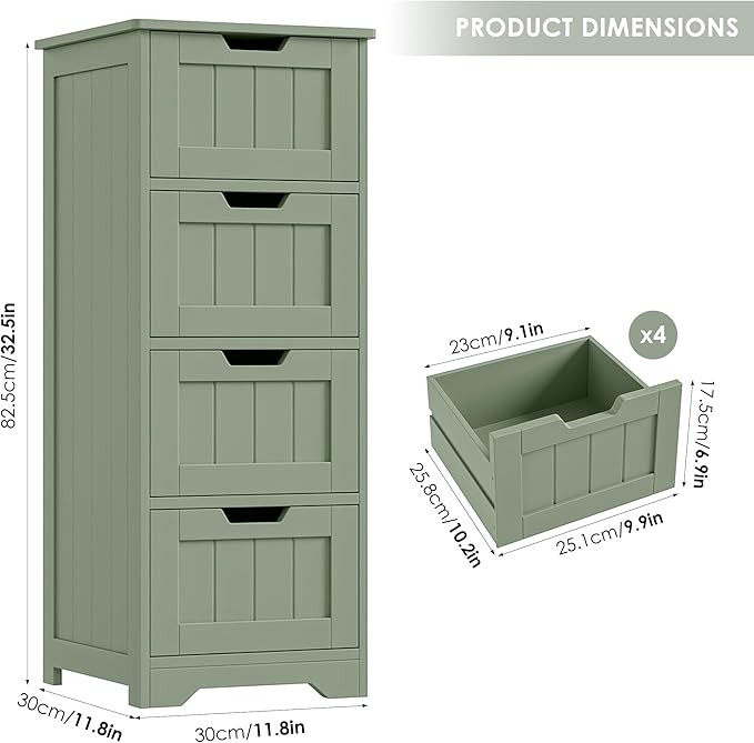 FOTOSOK Bathroom Storage Cabinet Set of 2, Bathroom Cabinet with 4 Drawers, 11.8” x 11.8” x 32.5” Freestanding Entryway Cupboard Storage Organizer Unit Home Furniture Decor, Green