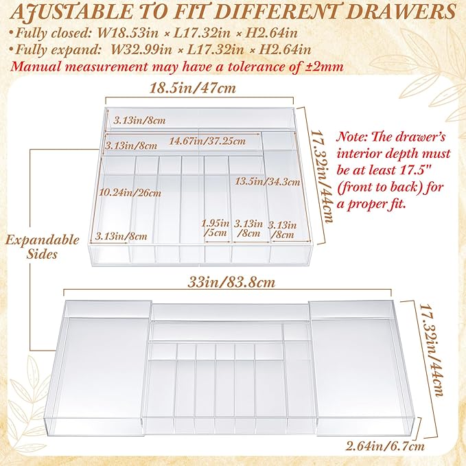 Teenyyou 1 Pack Expandable Kitchen Drawer Organizer Clear Acrylic Utensil Organizer Adjustable Acrylic Silverware Storage for Drawers Silverware Flatware Knives (18.5 x 17.4 Inches,9-11 Compartments)