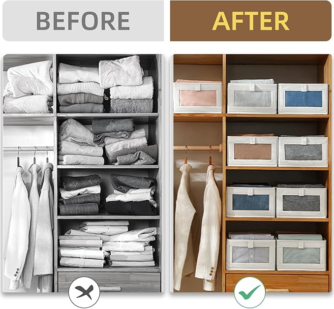 Linen Closet Organizers And Storage, 6 Pack Closet Storage Bins Linen Closet Baskets for Closet Organization Foldable Closet Organizer Bins with Clear Window For Organizing Clothing, Jeans, Shelves
