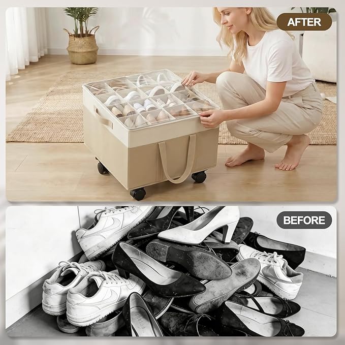 2 Pack Large Shoe Organizer for Closet, Adjustable Dividers Shoe Storage Box Bins with Wheels Clear Cover Reinforced Handle Side Pocket Fits up to 32 Pairs, Foldable Shoe Organizer for Entryway Beige