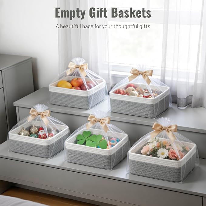 5 Pack Decorative Small Storage Baskets for Shelves, Cotton Rope Woven Basket for Organizing Bathroom, Nursery, Closet, Cabinet, Toys & Socks, Gift Baskets Empty, 11.8"x7.9"x4.7", Gray/White