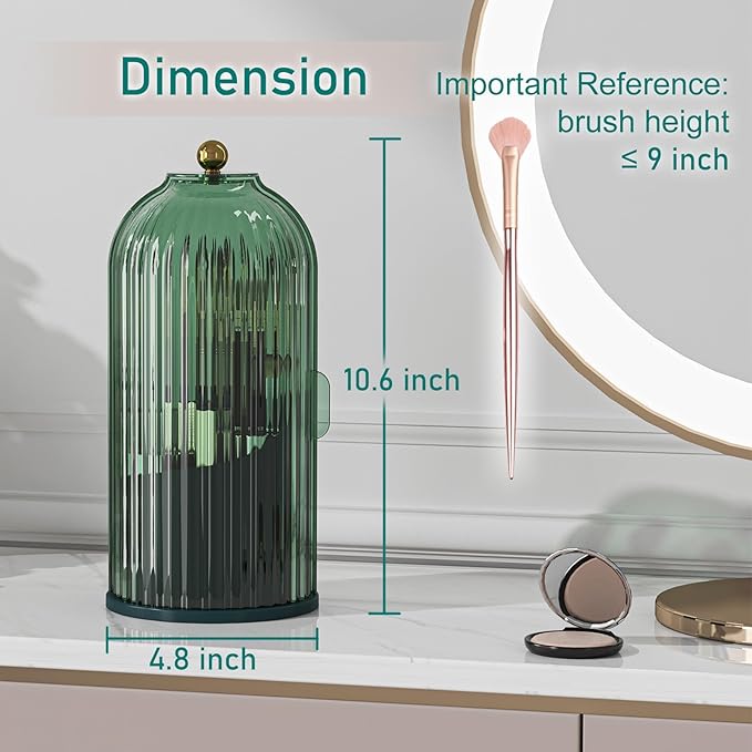 GAXmi Makeup Brush Holder with Lid Cosmetic Tools Organizer 360 Rotating Waterproof Dustproof Beauty Brushes Storage for Vanity, All Green | with Lid