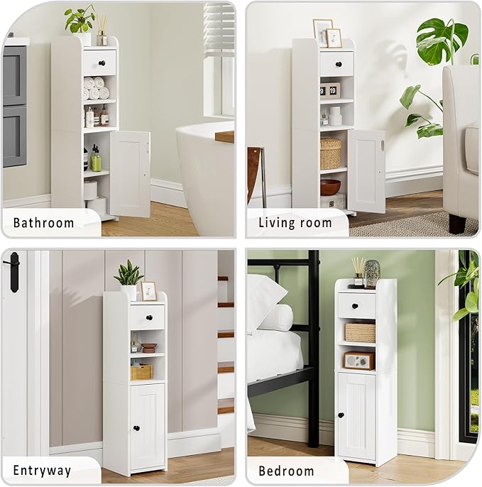 Lomojo Small Bathroom Storage Cabinet,Narrow Toilet Paper Holder,Corner Floor Cabinet with Doors and Drawer for Small Space,Adjustable Shelf Organizer,7.75L*7.75D*29.6H,White