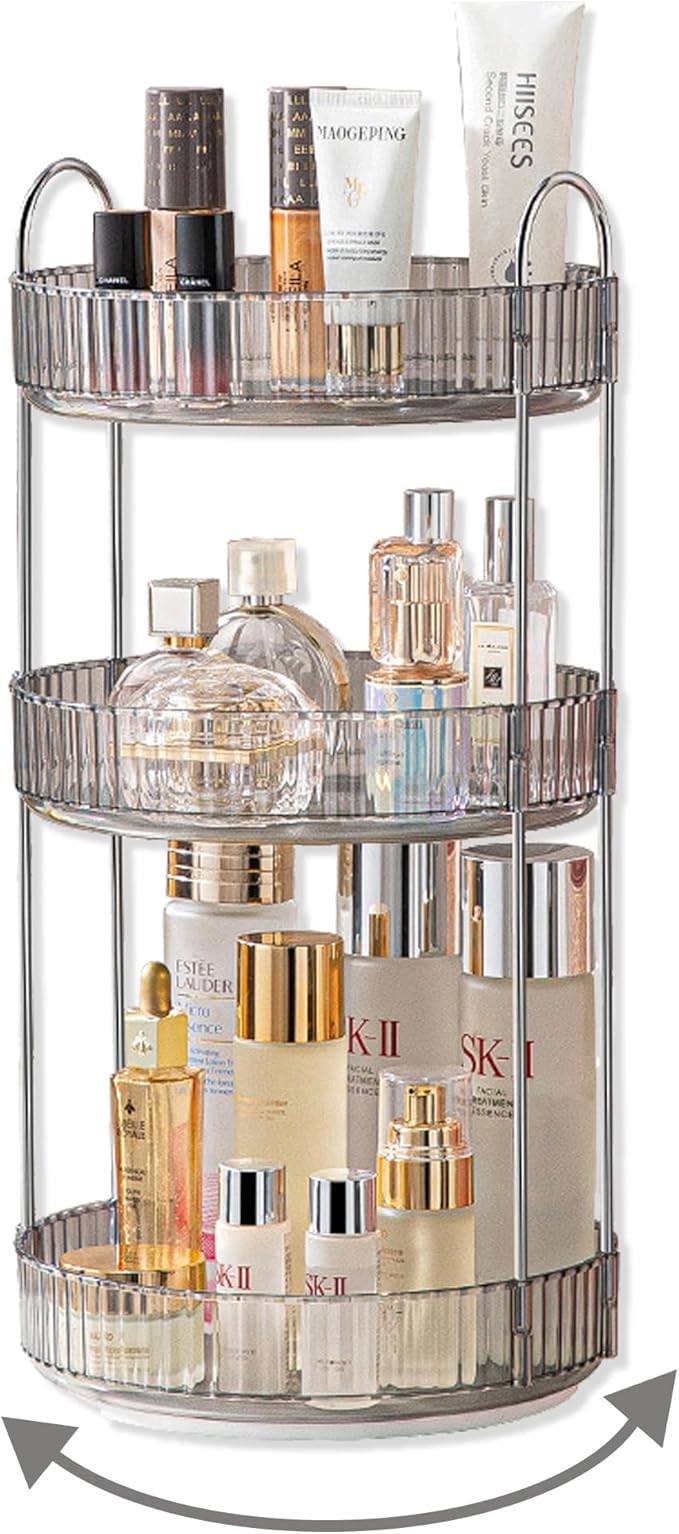 360 Rotating Makeup Organizer, Grey-3 Tier