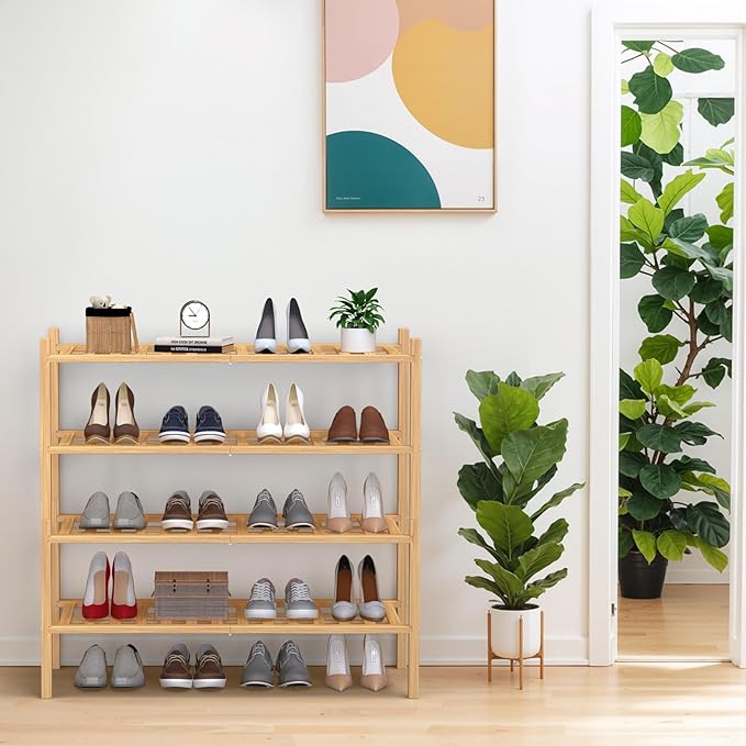 Haddockway 4 Tier Bamboo Shoe Rack Storage Organizer, Multifunctional Free Standing Stackable Shoe Shelf with Grid Panel for Closet,Hallway,Entryway,Small Space 27"x11"x26"