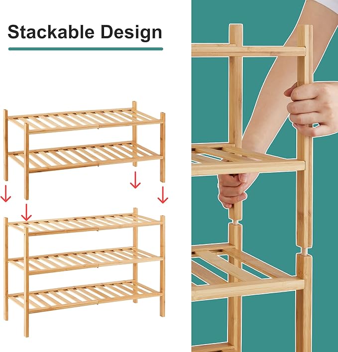 viewcare 5-Tier Bamboo Shoe Rack for Entryway, Stackable | Foldable | Natural, Shoe Organizer for Hallway Closet, Standing Shoe Racks for Indoor Outdoor