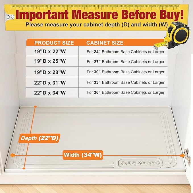 Aisslro Under Sink Mat 34" X 22", Waterproof Silicone Cabinet Organizer Protector with Raised Edge, Kitchen & Bathroom Leak Tray, Shelf Liner & Pet Feeding Mat for Dog Cat Food Mats, Beige